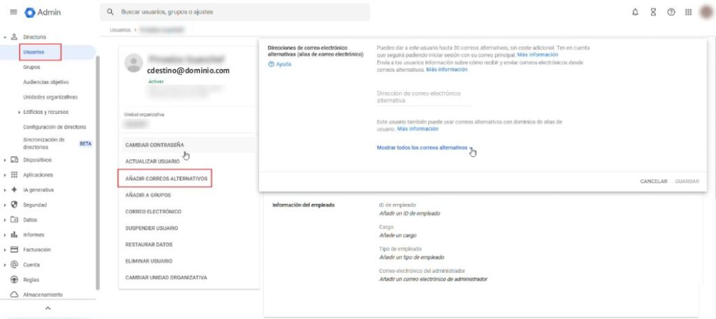 Como convertir una cuenta de usuario principal de google workspace en un alias sin perder datos • Tu Web Posicionada SEO • Configurar Alias