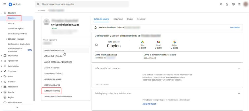 Como convertir una cuenta de usuario principal de google workspace en un alias sin perder datos • Tu Web Posicionada SEO • Eliminar Usuario